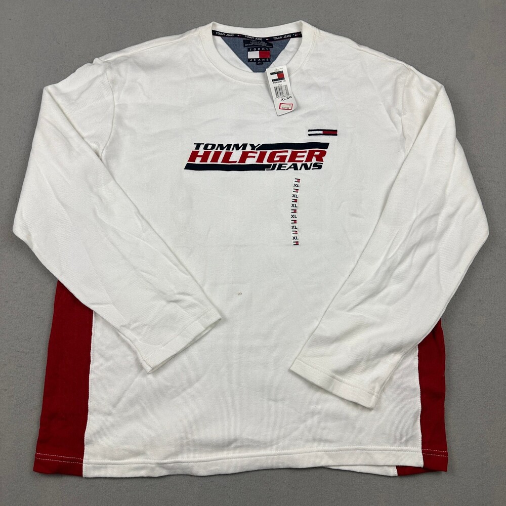 Vintage Tommy Hilfiger Jeans Shirt Men Extra Large White Red Spellout Deadstock